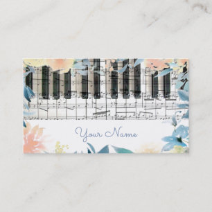 Carte De Visite clavier pianiste et bordure de fleurs aquarelles