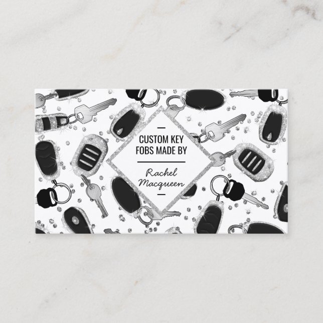 Carte De Visite Clé de Parties scintillant en argent brillant Fob  (Devant)