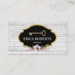 Carte De Visite Clé de squelette vintage Floral Rustic Wood Realt
