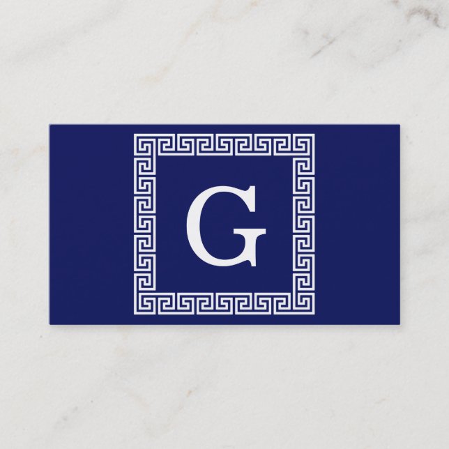 Carte De Visite Clé grecque blanche bleue marine #1 Monogramme enc (Devant)