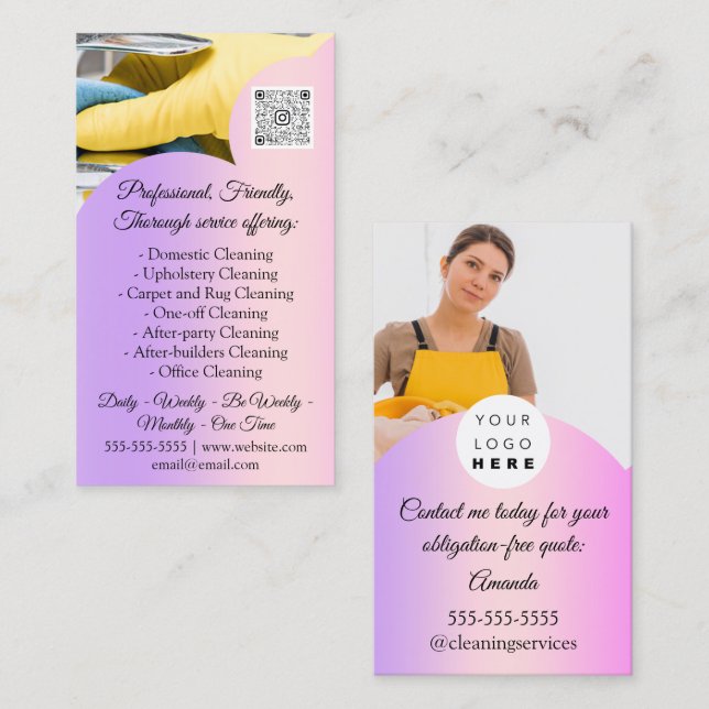 Carte De Visite Cleaning Services House Keeping QRCode Photo Pink (Devant / Derrière)