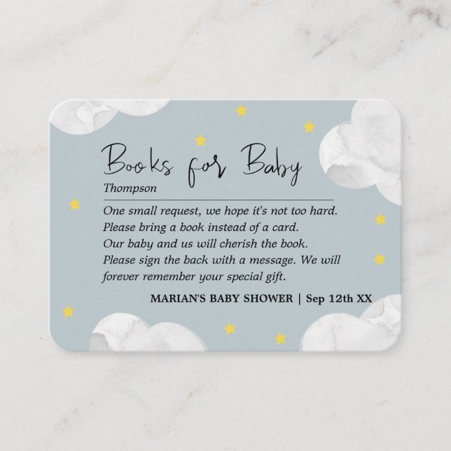 Carte De Visite Clouds Blue Grey Books Baby shower (Devant)