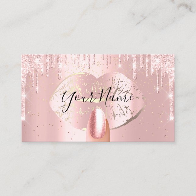 Carte De Visite Clous Maquillage Artiste Rose Drips Kiss Lips Gold (Devant)