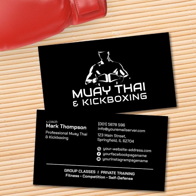 Carte De Visite Coach Muay Thai et Kickboxing - noir et blanc (Créateur téléchargé)