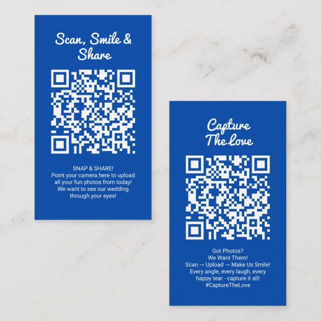 Carte De Visite Cobalt Blue Photo Sharing Capture Love QR Code  (Devant / Derrière)