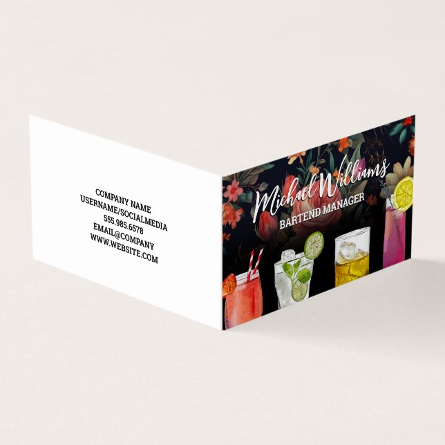 Carte De Visite Cocktail Mix Boissons | Arrière - plan floral (Extérieur)