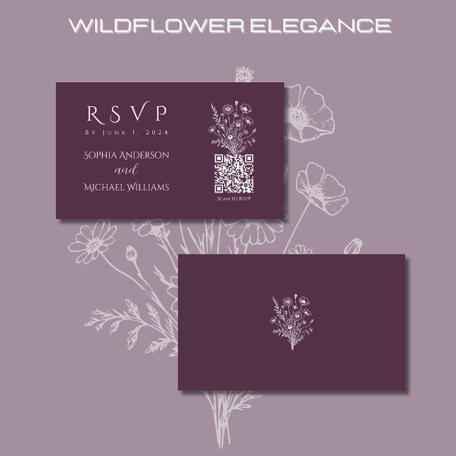 Carte De Visite Code fleur sauvage Elegance-RSVP-QR (Wildflower Elegance Wedding RSVP Purple-Rustic, Country, Bohemian)