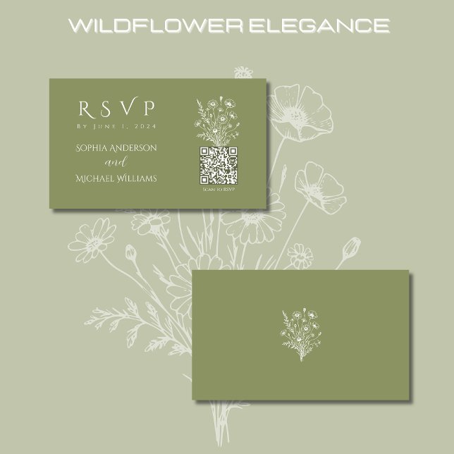 Carte De Visite Code fleur sauvage Elegance-RSVP-QR (Wildflower Elegance Wedding Collection-Fern Green-RSVP QR code)