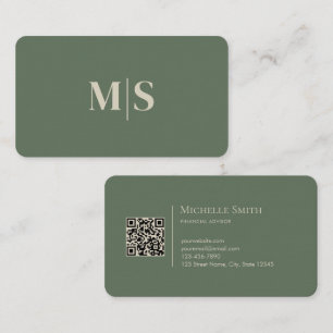 Carte De Visite Code QR à initiales vert olive minimaliste moderne