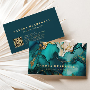 Carte De Visite Code QR Abstrait Turquoise Chic Blue Gold Parties 