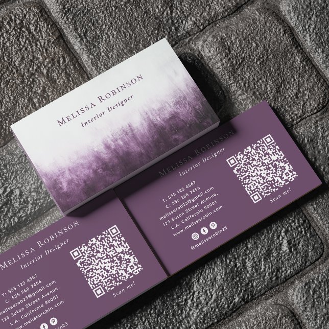 Carte De Visite Code QR Abstrait Unique Blanc & Grunge Violet (Créateur téléchargé)