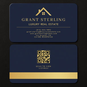 Carte De Visite Code QR Agent Immobilier Bleu Nuit Or