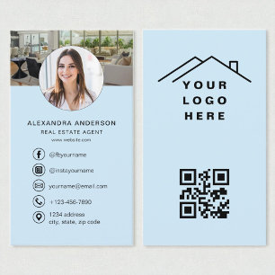 Carte De Visite Code QR Agent immobilier Sky Blue Photo Logo
