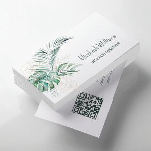 Carte De Visite Code QR Aquarelle Feuilles tropicaux
