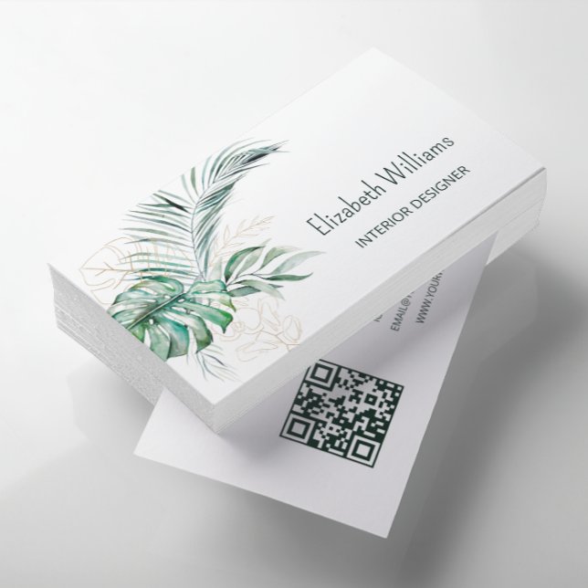 Carte De Visite Code QR | Aquarelle Feuilles tropicaux (Créateur téléchargé)
