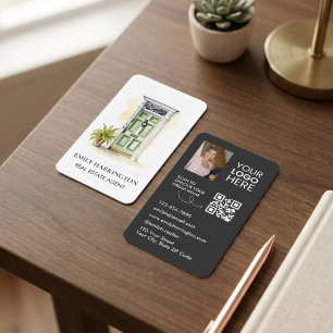 Carte De Visite Code QR aquarelle porte verte Agent immobilier