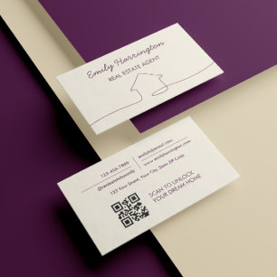 Carte De Visite Code QR Art Linéaire Agent Immobilier Prune