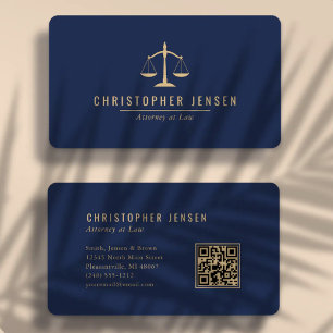 Carte De Visite Code QR avocat Bleu marine Or Balance Rond