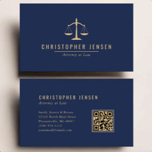 Carte De Visite Code QR avocat échelles de justice bleu marine or