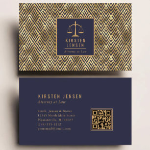 Carte De Visite Code QR avocat motif géométrique déco bleu or