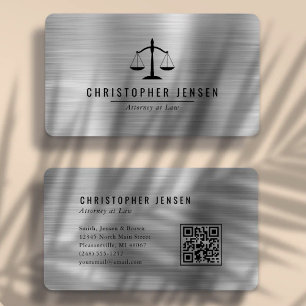 Carte De Visite Code QR Avocat Noir Échelles Argent Arrondi