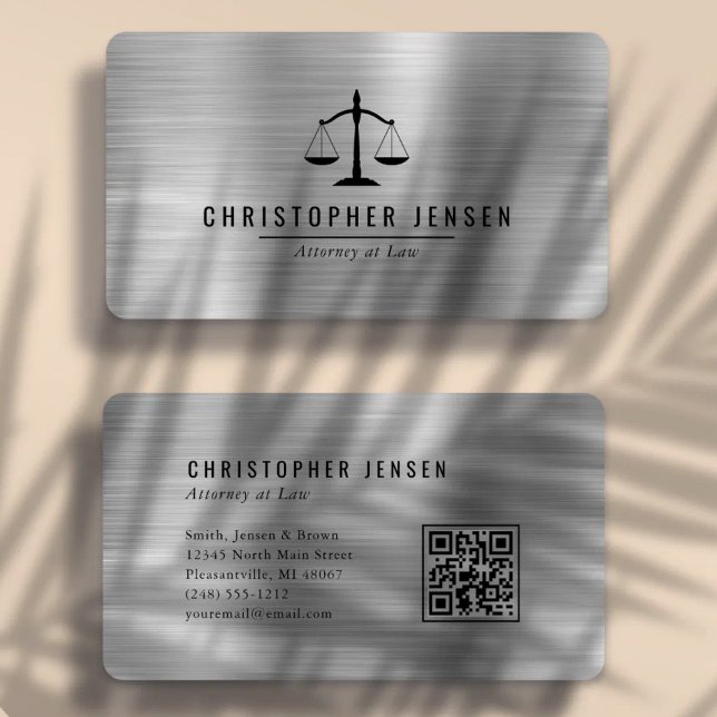 Carte De Visite Code QR Avocat Noir Échelles Argent Arrondi (Créateur téléchargé)