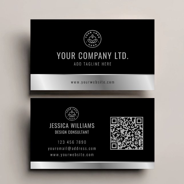 Carte De Visite Code QR Black Silver sur logo personnalisé (Créateur téléchargé)