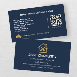 Carte De Visite Code QR bleu or Entreprise de Construction Moderne