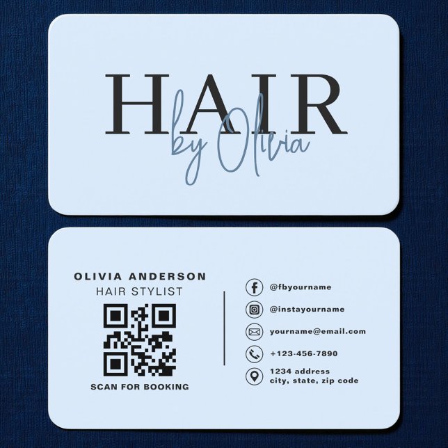 Carte de visite code QR bleu pour coiffeur (Créateur téléchargé)