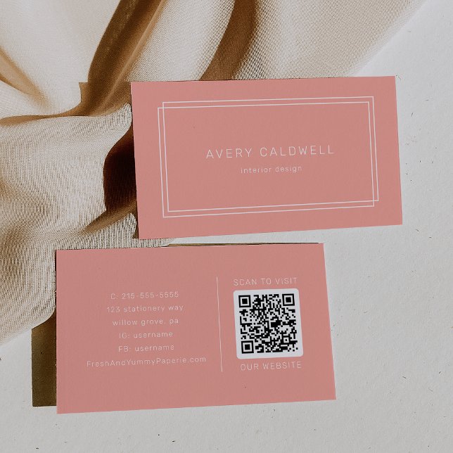 Carte De Visite Code QR Blush Peach Corail Doux Minimal AVERY (AVERY Minimal Blush Peach Soft Coral QR Code Business Card)