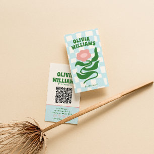 Carte De Visite Code QR Bohème Rétro Gras à Carreaux Floral Groovy