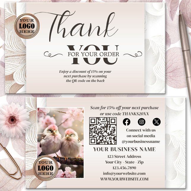 Carte De Visite Code QR Boho Chic Photo Merci pour votre commande (Thank you for your order photo business card featuring a boho chic design in pastel colors - QR code)