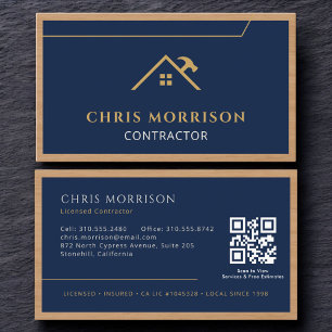 Carte De Visite Code QR Bois Construction Entreprise Bleu Marine