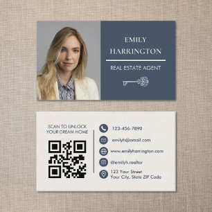 Carte De Visite Code QR Clé Classique Gris Agent Immobilier