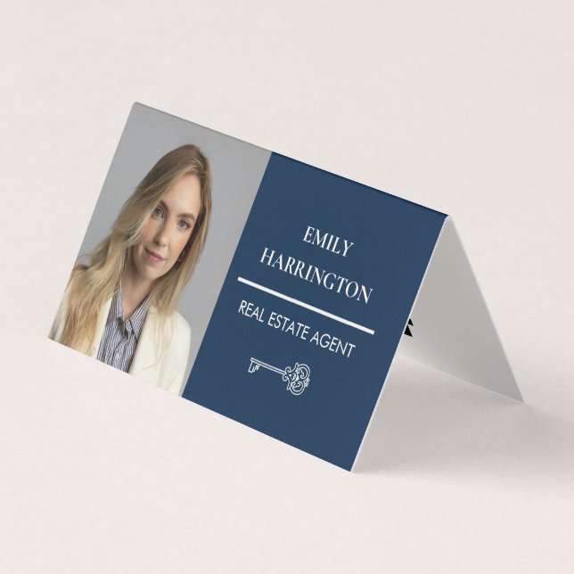 Carte De Visite Code QR Clé Classique Navy Agent Immobilier (Devant)