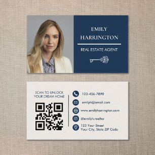 Carte De Visite Code QR Clé Classique Navy Agent Immobilier