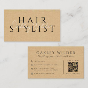 Carte De Visite Code QR Coiffeur Faux Lin Beige