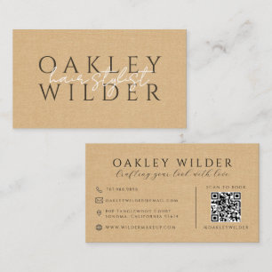 Carte De Visite Code QR Coiffeur Faux Lin Beige
