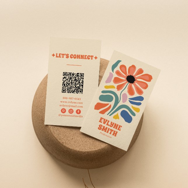 Carte De Visite Code QR coloré retro à la main Boho Chic Floral (Créateur téléchargé)