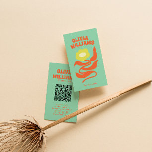 Carte De Visite Code QR coloré rétro Boho Groovy Floral Daisy