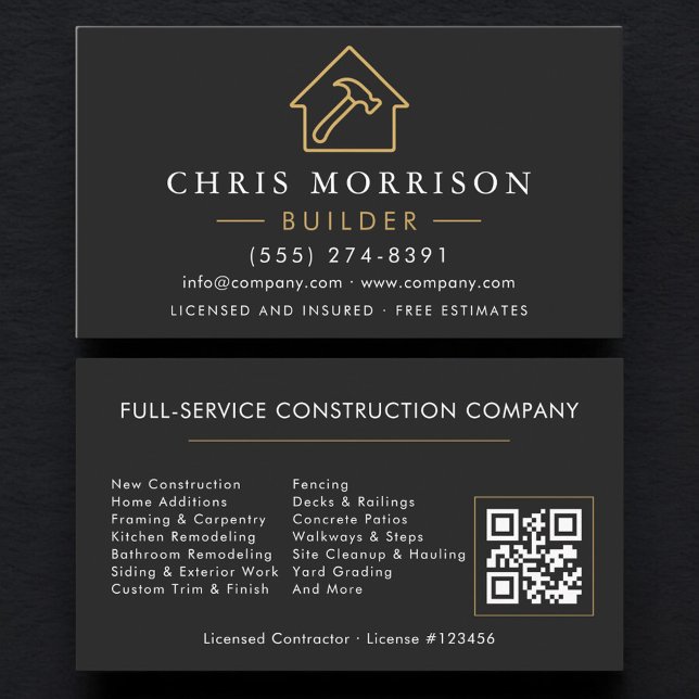 Carte De Visite Code QR Construction Builder Noir Or  (Créateur téléchargé)