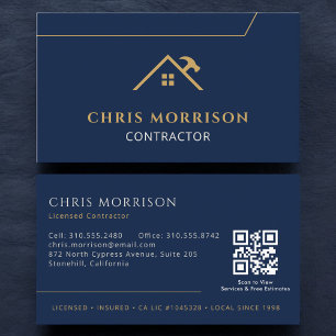 Carte De Visite Code QR Construction Entreprise Bleu Marine