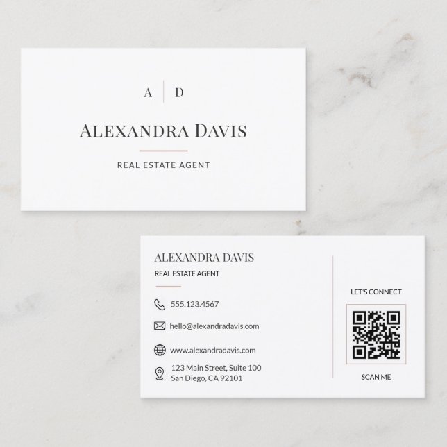Carte De Visite Code QR d'agent immobilier minimal (Devant / Derrière)
