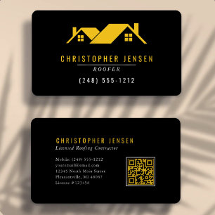 Carte De Visite Code QR d'artisan Toiture Simple Noir Jaune Arrond