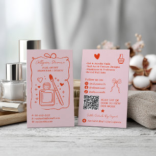 Carte De Visite Code QR d'artiste en ongles à gribouillis rose rét