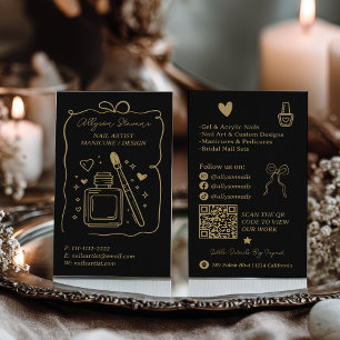 Carte De Visite Code QR d'artiste en ongles Doodles noir or rétro
