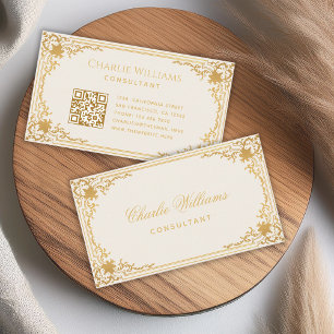 Carte De Visite Code QR de calligraphie élégante en ivoire et or v