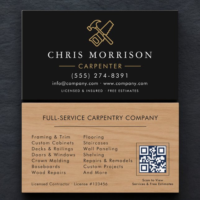 Carte De Visite Code QR de Charpentier Professionnel Menuiserie (Créateur téléchargé)