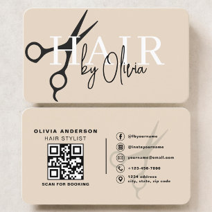 Carte De Visite Code QR de ciseaux de coiffeur beige neutre