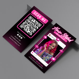 Carte De Visite Code QR de coiffeur Instagram noir et rose moderne